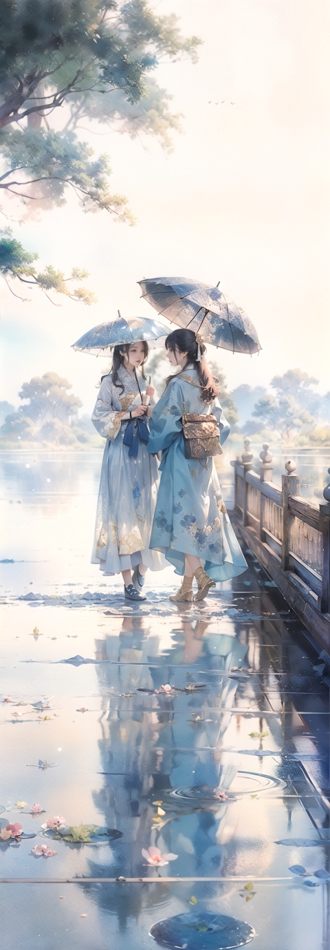 On the bridge, it was drizzling slightly. Two women, holding an umbrella, stood on the bridge. One was dressed in blue and the other in white, with simple and elegant hair accessories, exquisite facial features, and full of details. They gazed affectionately into the lake...
extremely detailed, dynamic angle, paper skin, radius, iuminosity, cowboyshot, the most beautiful form of Chaos, elegant, a brutalist designed, visual colors, romanticism, by James Jean, roby dwi antono, cross tran, francis bacon, Michael mraz, Adrian ghenie, Petra cortright, Gerhard richter, ,ghostdom,bj_Alice,Game icon body,Colorful portraits,science fiction,jianzhi,FUJI,cloud,architecture,nagi
(8k, best quality, masterpiece: 1.2), (realistic, realistic: 1.37), ultra detailed, best quality, ultra high resolution, professional lighting, photon mapping, radiosity, physics based rendering, movie lighting,
 photo realistic,best quality, masterpiece, photo realistic,highly detailed, fashion photography, full body shot,full body photo,
best quality, masterpiece, photo realistic,highly detailed, fashion photography, full body shot,full body photo,, purist, esoteric,occult, geometric,(gold/black theme:1.2),science fiction,triangle black hole,kawaiitech,nijistyle,pleated skirt,FUJI,pastel colors,bj_elegant,pink skirt,ghostdom,Fractal,crystaleyes,Chinese ink painting,1 girl