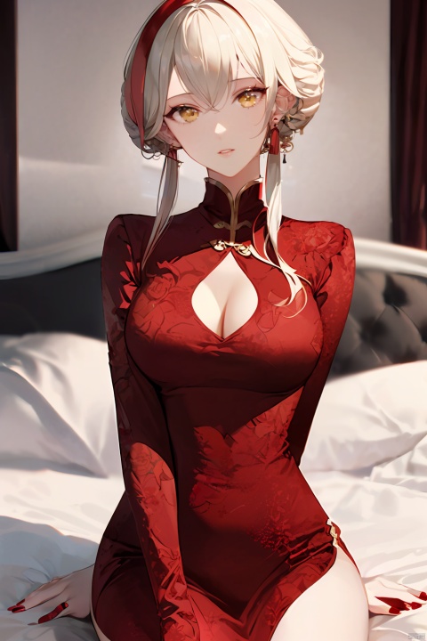  1girl, by sul,amazing quality,photorealistic,detailed,beautiful color,beautiful,solo, long hair, breasts, looking at viewer, blush, bangs, large breasts, long sleeves, dress, ribbon, jewelry, sitting, yellow eyes, braid, white hair, earrings, parted lips, indoors, nail polish, blurry, red ribbon, clothing cutout, bed, depth of field, blurry background, arm support, on bed, chinese clothes, red dress, cleavage cutout, tassel, red nails, light particles, candle, tassel earrings, candlestand