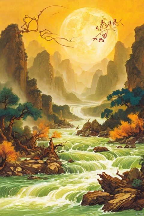  by chi4, (score_9,score_8_up,score_7_up,score_6_up,score_5_up), ancient chinese style,  
Above, the dragon of the sun and the phoenix of moon return to their lofty standard; below, there are rapids that rush against the current, turning back like a winding river,