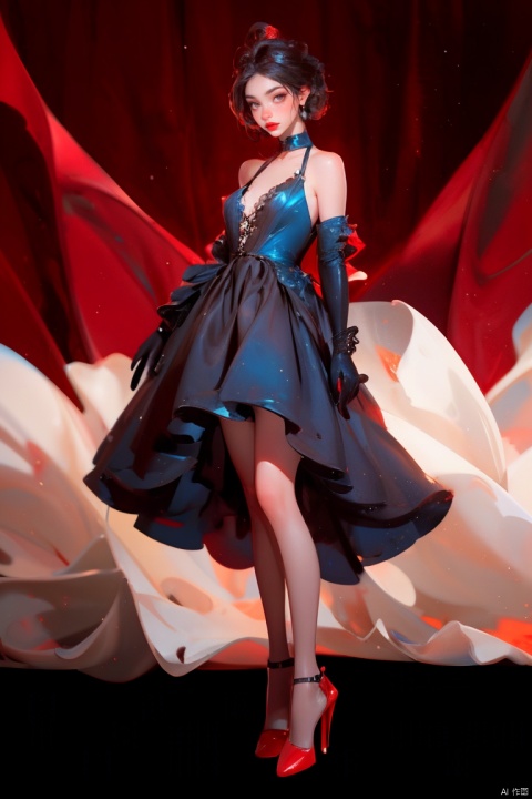 1girl, solo, long hair, breasts, looking at viewer, large breasts, black hair, gloves, dress, cleavage, bare shoulders, brown eyes, jewelry, standing, full body, earrings, glasses, choker, elbow gloves, mole, high heels, lips, strapless, makeup, blue dress, lipstick, red lips