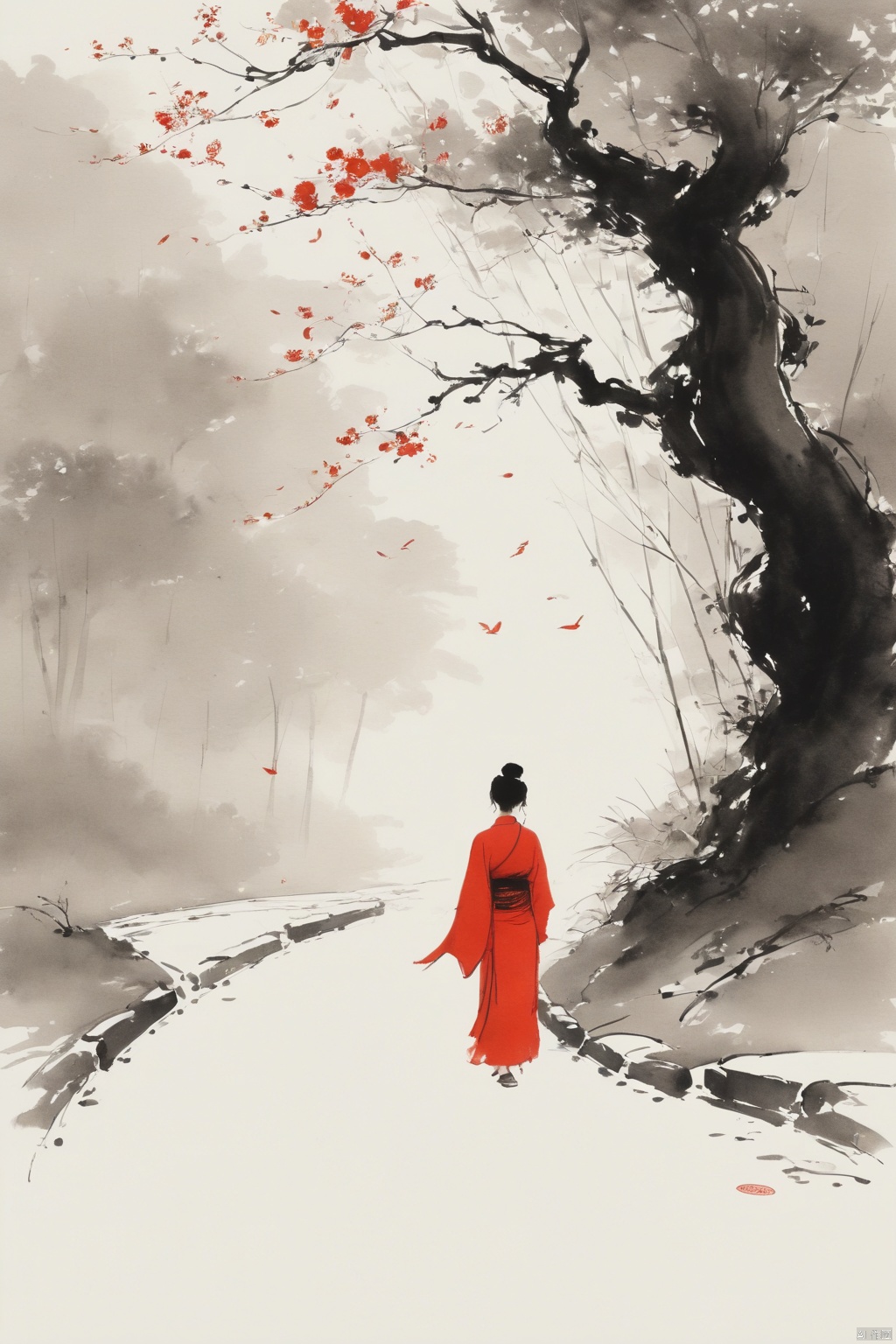 Chinese ink painting,fine and smooth brush strokes,minimalist,Simple lines outline a winding path,chinese ancient woman in red Stand at the end of the road seems to be waiting for something,leave a large area blank,clean white background,feeling of loneliness,zen and ethereal,abstract composition,Ultrawide shot,HD. --no signature,trees