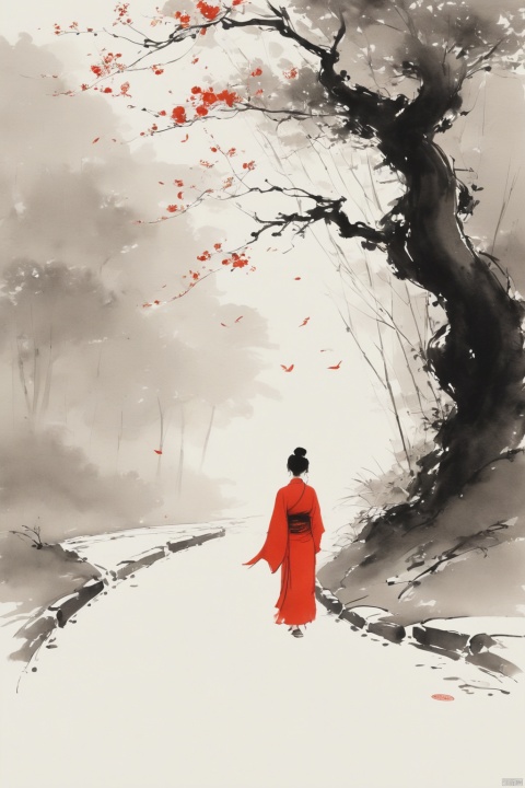 Chinese ink painting,fine and smooth brush strokes,minimalist,Simple lines outline a winding path,chinese ancient woman in red Stand at the end of the road seems to be waiting for something,leave a large area blank,clean white background,feeling of loneliness,zen and ethereal,abstract composition,Ultrawide shot,HD. --no signature,trees
