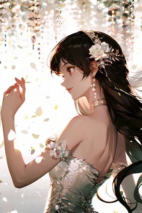  1girl, by sul, amazing quality,photorealistic,detailed,beautiful color,beautiful,solo, long hair, breasts, bangs, brown hair, black hair, hair ornament, red eyes, dress, bare shoulders, jewelry, closed mouth, upper body, flower, earrings, choker, hair flower, white dress, hands up, strapless, profile, rose, white flower, veil, strapless dress, wedding dress, bridal veil, yor briar, qianjin