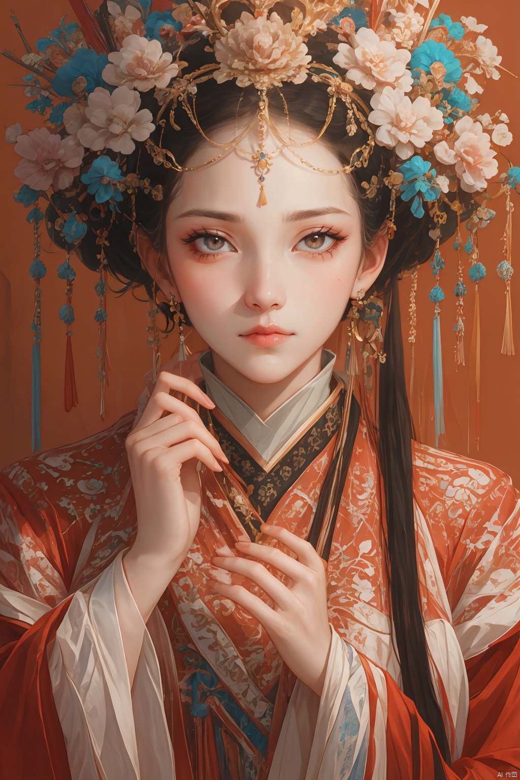 1girl, solo, long hair, looking at viewer, black hair, hair ornament, long sleeves, holding, jewelry, closed mouth, upper body, flower, earrings, indoors, hand up, hair flower, wide sleeves, nail polish, grey eyes, eyelashes, makeup, chinese clothes, lipstick, tassel, hand fan, red nails, eyeshadow, folding fan, red lips, hair stick, holding fan
