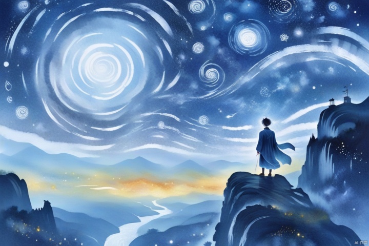  Tie dyeing style, Tie dyeing,Shinkai Makoto style, a whimsical digital illustration of a solitary figure standing on a cliff overlooking the vast starry sky. The figure has a wistful expression, his hair blown by the wind and his robe flowing. The sky is filled with rotating galaxies and constellations, creating a fantastic atmosphere. Bright colors, ethereal lights