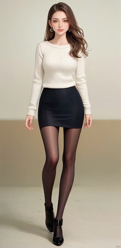 1girl, solo, long hair, breasts, smile, skirt, blonde hair, simple background, brown hair, long sleeves, white background, brown eyes, jewelry, closed mouth, standing, full body, pantyhose, earrings, boots, bag, black footwear, sweater, looking to the side, black pantyhose, looking away, pencil skirt, handbag, ankle boots, black sweater, tutututu