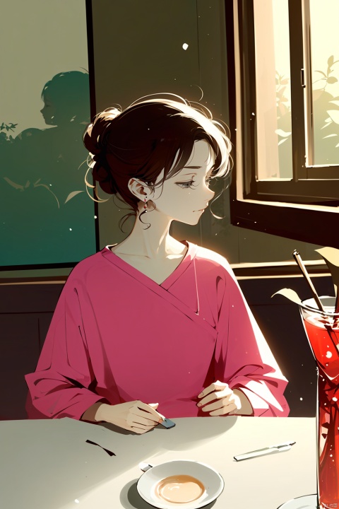 by narue, A young girl with short, brown hair sits comfortably indoors, wearing a pink shirt. She has her closed eyes and is relaxed, cradling a cup in one hand. Next to her, a boy sits with a few days' worth of scruffy facial hair, holding onto the edge of the table as if lost in thought. The warm glow of natural light pours in through the window, casting a cozy ambiance over the quiet scene.