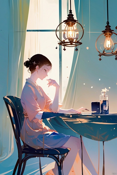 by ajimita, A young girl with short, brown hair sits comfortably indoors, wearing a pink shirt. She has her closed eyes and is relaxed, cradling a cup in one hand. Next to her, a boy sits with a few days' worth of scruffy facial hair, holding onto the edge of the table as if lost in thought. The warm glow of natural light pours in through the window, casting a cozy ambiance over the quiet scene.