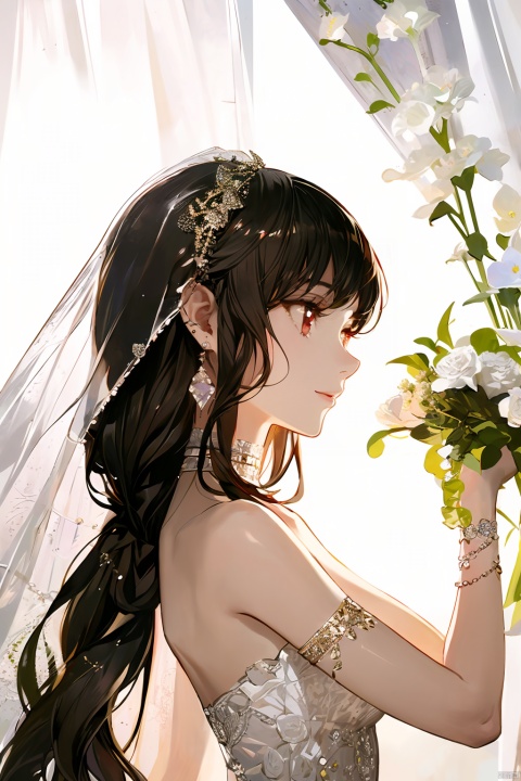  1girl, by melon, amazing quality,photorealistic,detailed,beautiful color,beautiful,solo, long hair, breasts, bangs, brown hair, black hair, hair ornament, red eyes, dress, bare shoulders, jewelry, closed mouth, upper body, flower, earrings, choker, hair flower, white dress, hands up, strapless, profile, rose, white flower, veil, strapless dress, wedding dress, bridal veil, yor briar, qianjin
