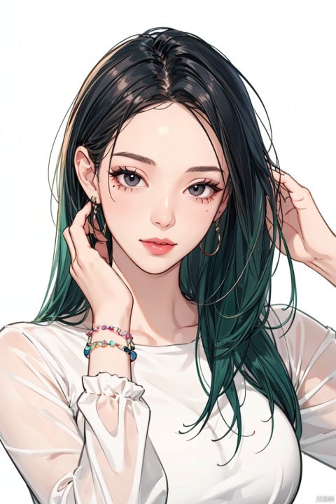  1girl, solo, long green hair, looking at viewer, jewelry, white shirt, upper body, earrings, artist name, mole, bracelet, lips, mole under eye, watermark, adjusting hair, hair behind ear, hair tucking