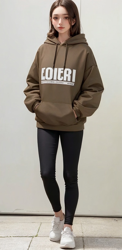 1girl, solo, looking at viewer, simple background, brown hair, long sleeves, white background, brown eyes, closed mouth, standing, full body, shoes, pants, hood, hoodie, black pants, white footwear, sneakers, hood up, hands in pockets, brown hoodie