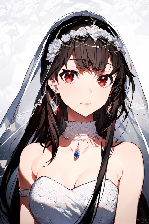 1girl, by mika pikazo, amazing quality,photorealistic,detailed,beautiful color,beautiful,solo, long hair, breasts, bangs, brown hair, black hair, hair ornament, red eyes, dress, bare shoulders, jewelry, closed mouth, upper body, flower, earrings, choker, hair flower, white dress, hands up, strapless, profile, rose, white flower, veil, strapless dress, wedding dress, bridal veil, yor briar