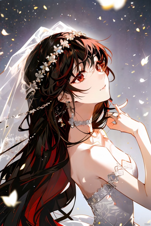 1girl, by arutera, amazing quality,photorealistic,detailed,beautiful color,beautiful,solo, long hair, breasts, bangs, brown hair, black hair, hair ornament, red eyes, dress, bare shoulders, jewelry, closed mouth, upper body, flower, earrings, choker, hair flower, white dress, hands up, strapless, profile, rose, white flower, veil, strapless dress, wedding dress, bridal veil, yor briar, qianjin