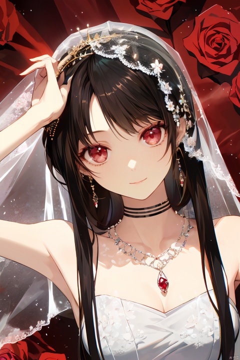 1girl, by burari, amazing quality,photorealistic,detailed,beautiful color,beautiful,solo, long hair, breasts, bangs, brown hair, black hair, hair ornament, red eyes, dress, bare shoulders, jewelry, closed mouth, upper body, flower, earrings, choker, hair flower, white dress, hands up, strapless, profile, rose, white flower, veil, strapless dress, wedding dress, bridal veil, yor briar