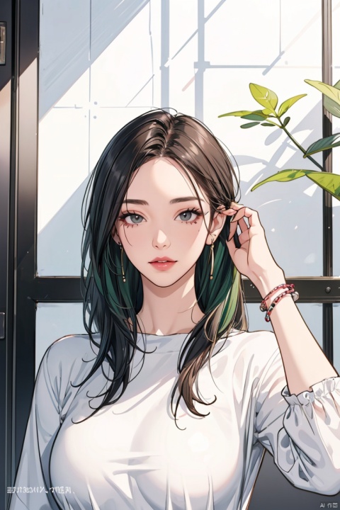  1girl, solo, long green hair, looking at viewer, jewelry, white shirt, upper body, earrings, artist name, mole, bracelet, lips, mole under eye, watermark, adjusting hair, hair behind ear, hair tucking