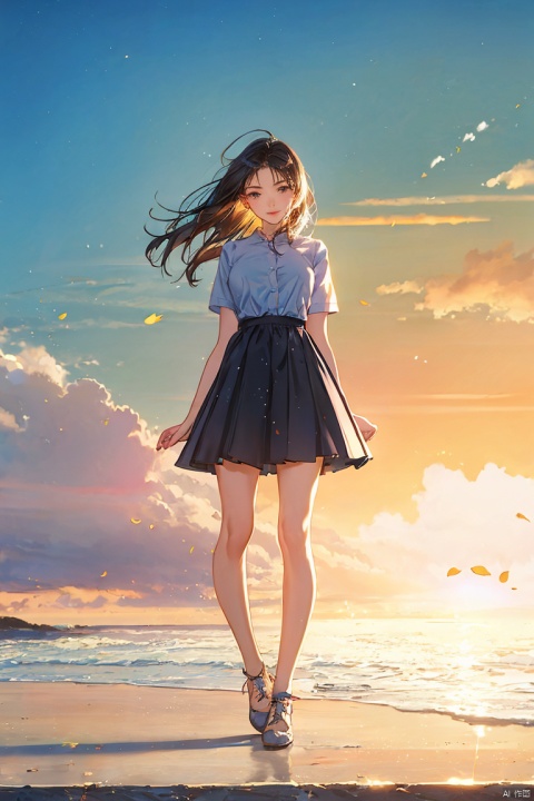  1girl, by 5eyo,amazing quality,photorealistic,detailed,beautiful color,beautiful,solo, long hair, breasts, looking at viewer, black hair, dress, standing, full body, short sleeves, lips, blue dress, shadow, short dress, white footwear, blue shirt, realistic, arms at sides