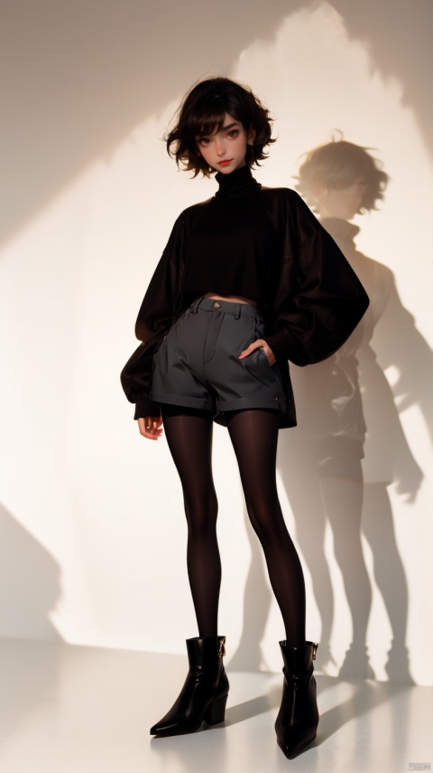1girl, solo, breasts, looking at viewer, smile, short hair, simple background, shirt, black hair, long sleeves, white background, brown eyes, closed mouth, standing, full body, pantyhose, boots, shorts, black footwear, sweater, black pantyhose, black shirt, shadow, turtleneck, brown pantyhose, hands in pockets, ankle boots, black sweater, legwear under shorts, grey shorts