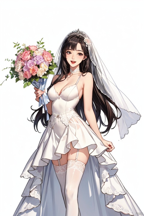1girl, solo, long hair, breasts, looking at viewer, blush, smile, open mouth, black hair, hair ornament, thighhighs, white background, dress, holding, very long hair, standing, flower, small breasts, choker, hair flower, white dress, white thighhighs, veil, bouquet, wedding dress, bridal veil, holding bouquet, bride, aris \(blue archive\)