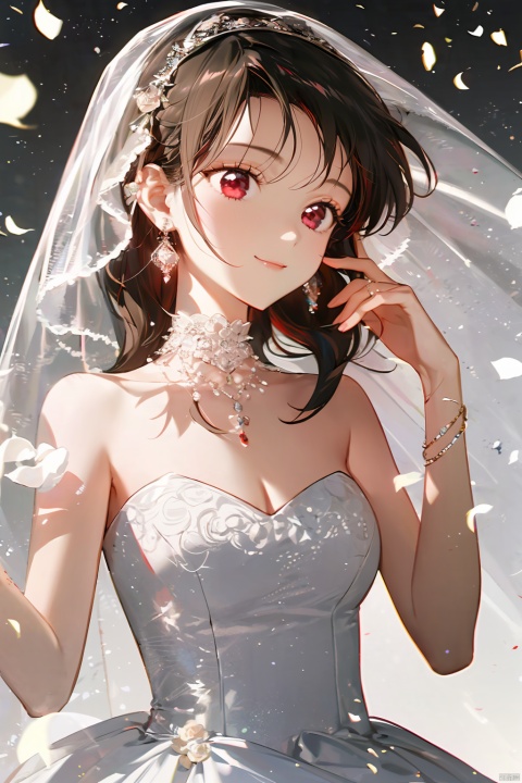  1girl, by gomzi, amazing quality,photorealistic,detailed,beautiful color,beautiful,solo, long hair, breasts, bangs, brown hair, black hair, hair ornament, red eyes, dress, bare shoulders, jewelry, closed mouth, upper body, flower, earrings, choker, hair flower, white dress, hands up, strapless, profile, rose, white flower, veil, strapless dress, wedding dress, bridal veil, yor briar, qianjin