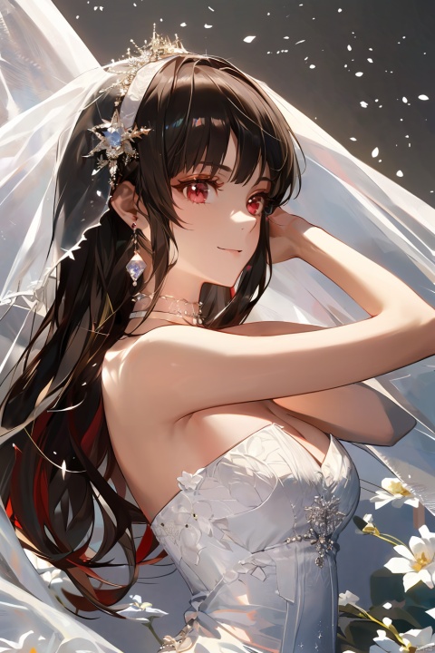  1girl, by magm, amazing quality,photorealistic,detailed,beautiful color,beautiful,solo, long hair, breasts, bangs, brown hair, black hair, hair ornament, red eyes, dress, bare shoulders, jewelry, closed mouth, upper body, flower, earrings, choker, hair flower, white dress, hands up, strapless, profile, rose, white flower, veil, strapless dress, wedding dress, bridal veil, yor briar, qianjin