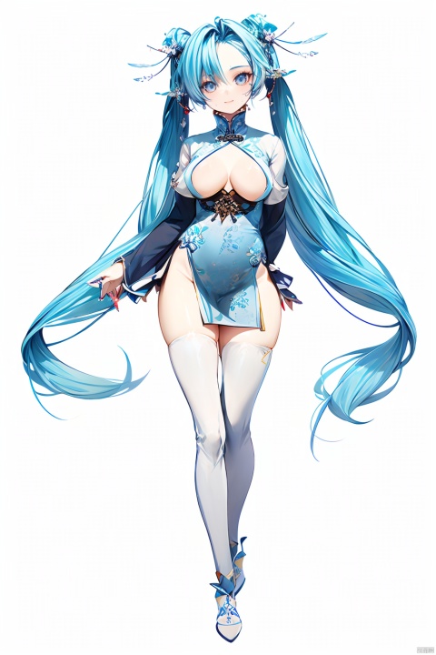  1girl, by burari, amazing quality,photorealistic,detailed,beautiful color,beautiful,solo, long hair, breasts, looking at viewer, bangs, large breasts, simple background, long sleeves, white background, dress, very long hair, blue hair, standing, full body, thighs, sweat, one eye closed, nail polish, white dress, arms up, pubic hair, bare legs, no panties, highleg, female pubic hair, thick thighs, chinese clothes, white footwear, pelvic curtain, blue nails
