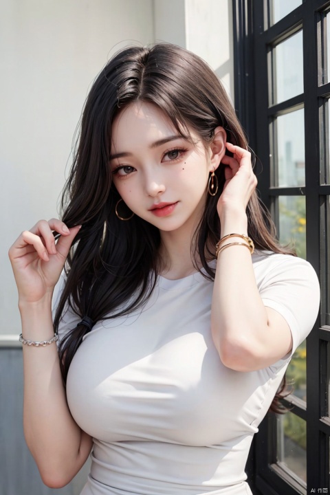 1girl, solo, long hair, looking at viewer, jewelry, white shirt, upper body, earrings, artist name, mole, bracelet, lips, mole under eye, watermark, adjusting hair, hair behind ear, hair tucking