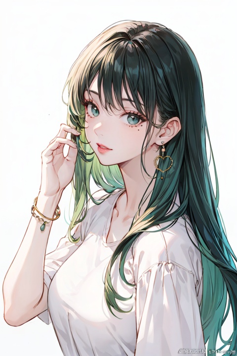  1girl, solo, long green hair, looking at viewer, jewelry, white shirt, upper body, earrings, artist name, mole, bracelet, lips, mole under eye, watermark, adjusting hair, hair behind ear, hair tucking