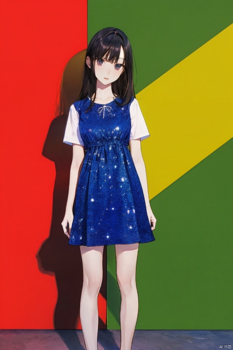 1girl, by noco,amazing quality,photorealistic,detailed,beautiful color,beautiful,solo, long hair, breasts, looking at viewer, black hair, dress, standing, full body, short sleeves, lips, blue dress, shadow, short dress, white footwear, blue shirt, realistic, arms at sides