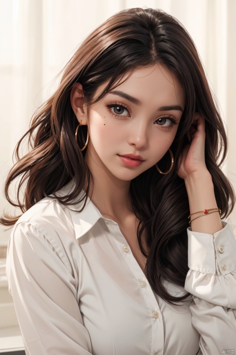 1girl, solo, long hair, looking at viewer, jewelry, white shirt, upper body, earrings, artist name, mole, bracelet, lips, mole under eye, watermark, adjusting hair, hair behind ear, hair tucking