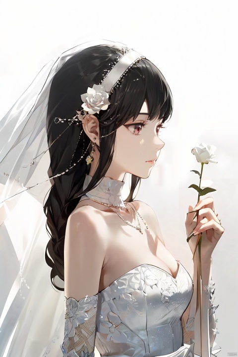  1girl, by melon, amazing quality,photorealistic,detailed,beautiful color,beautiful,solo, long hair, breasts, bangs, brown hair, black hair, hair ornament, red eyes, dress, bare shoulders, jewelry, closed mouth, upper body, flower, earrings, choker, hair flower, white dress, hands up, strapless, profile, rose, white flower, veil, strapless dress, wedding dress, bridal veil, yor briar