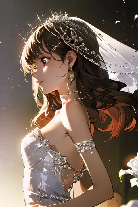  1girl, by yoneyama mai, best quality, masterpiece, pseudo impasto, highres, stunning color, radiant tones, best lighting and shadow, ultra-detailed, amazing illustration, an extremely delicate and beautiful, amazing quality,photorealistic,detailed,beautiful color,beautiful,solo, long hair, breasts, bangs, brown hair, black hair, hair ornament, red eyes, dress, bare shoulders, jewelry, closed mouth, upper body, flower, earrings, choker, hair flower, white dress, strapless, profile, rose, white flower, veil, strapless dress, wedding dress, bridal veil, yor briar, qianjin
