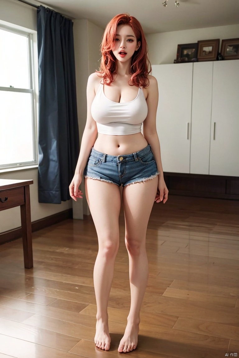 1girl, solo, breasts, open mouth, large breasts, cleavage, bare shoulders, standing, full body, red hair, shorts, barefoot, indoors, medium hair, short shorts, covered navel, table, **** top, yellow shorts