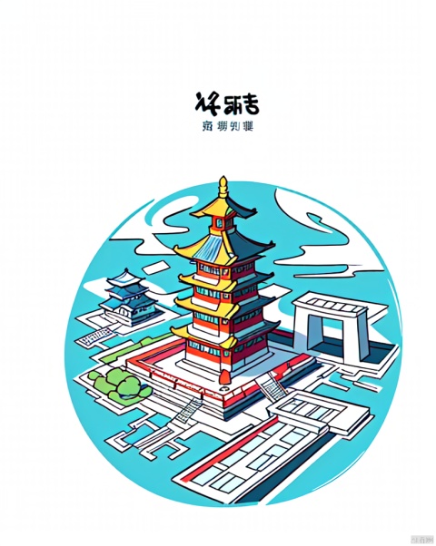 Sticker design in cartoon style, Hangzhou city skyline, vector illustration, simple lines, outline drawing, text "Hangzhou" below the scene, colorful cartoon style, flat composition, simple details, city buildings intermingled with historical structures. The West Lake with its iconic Leifeng Pagoda adds a tranquil and picturesque touch to the landscape