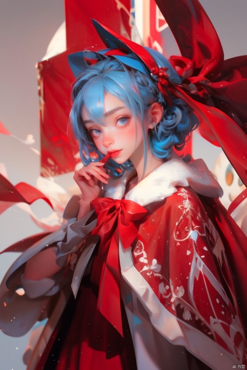 1girl, solo, looking at viewer, blush, smile, short hair, bangs, blue eyes, dress, bow, ribbon, holding, closed mouth, blue hair, hair ribbon, pink hair, braid, hair bow, multicolored hair, hairband, hair over one eye, red bow, fur trim, capelet, halo, red dress, box, christmas, gift, santa costume, white hairband, gift box, holding gift, red capelet, bow hairband, arona \(blue archive\)
