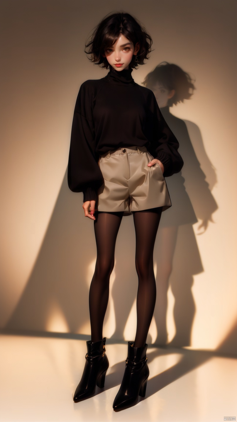 1girl, solo, breasts, looking at viewer, smile, short hair, simple background, shirt, black hair, long sleeves, white background, brown eyes, closed mouth, standing, full body, pantyhose, boots, shorts, black footwear, sweater, black pantyhose, black shirt, shadow, turtleneck, brown pantyhose, hands in pockets, ankle boots, black sweater, legwear under shorts, grey shorts