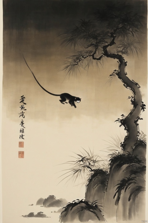 Chinese ink painting,fine and smooth brush strokes,minimalist,Simple lines outline a winding path,The golden monkey rises with a thousand-catty rod, and the jade universe clears up ten thousand miles of dust.