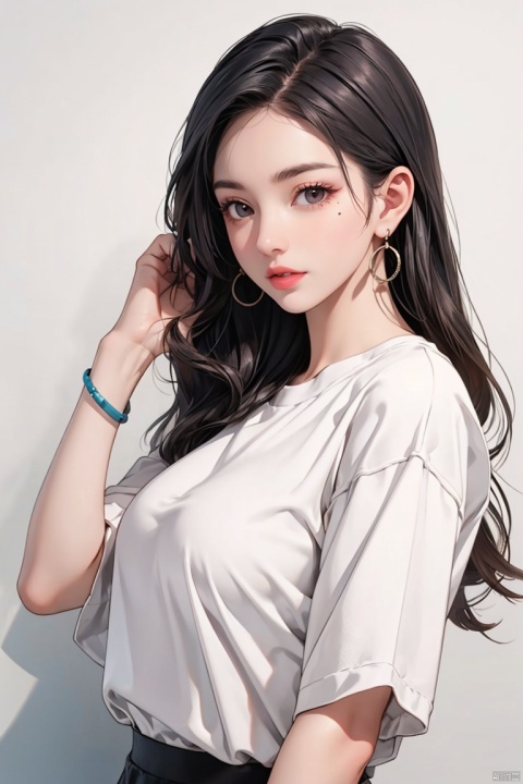 1girl, solo, long hair, looking at viewer, jewelry, white shirt, upper body, earrings, artist name, mole, bracelet, lips, mole under eye, watermark, adjusting hair, hair behind ear, hair tucking