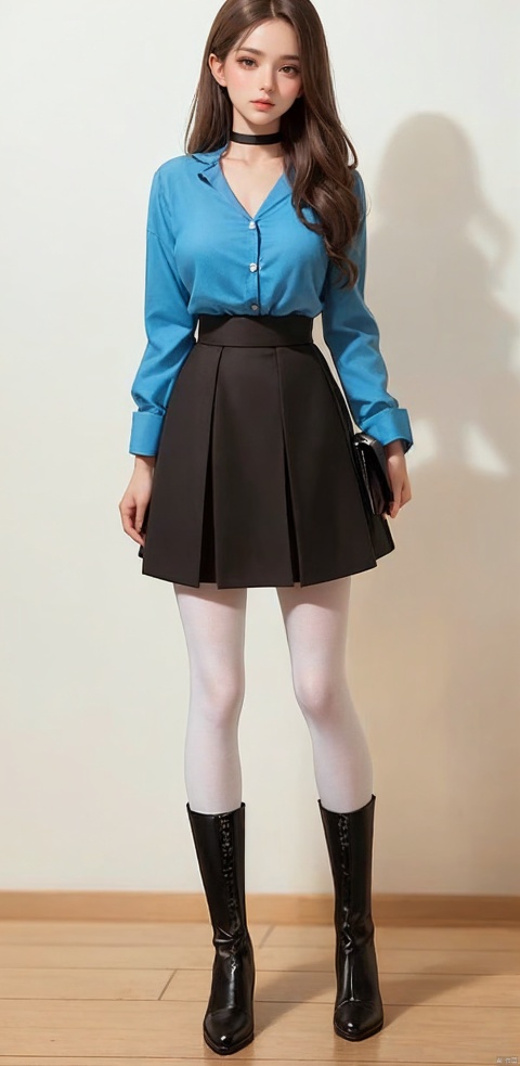 1girl, solo, long hair, breasts, looking at viewer, skirt, simple background, brown hair, shirt, long sleeves, white background, brown eyes, closed mouth, standing, full body, pantyhose, boots, choker, black skirt, black footwear, black choker, blue shirt, high-waist skirt, long skirt, brown pantyhose