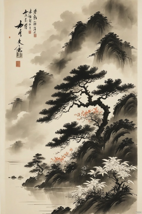 Chinese ink painting,fine and smooth brush strokes,minimalist,Simple lines outline a winding path, The clouds darken as if about to rain, the water ripples and mist rises, amidst the thunderous roar of lightning splitting the sky asunder