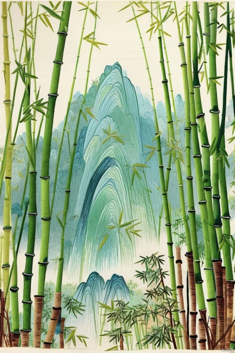 Embroidery, no humans, scenery, nature, traditional media, bamboo, forest, outdoors, mountain, painting (medium), landscape, colored pencil (medium), bamboo forest