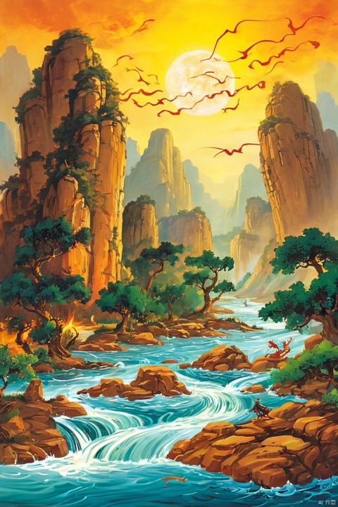  by chi4, (score_9,score_8_up,score_7_up,score_6_up,score_5_up), ancient chinese style,  
Above, the dragon of the sun and the phoenix of moon return to their lofty standard; below, there are rapids that rush against the current, turning back like a winding river,