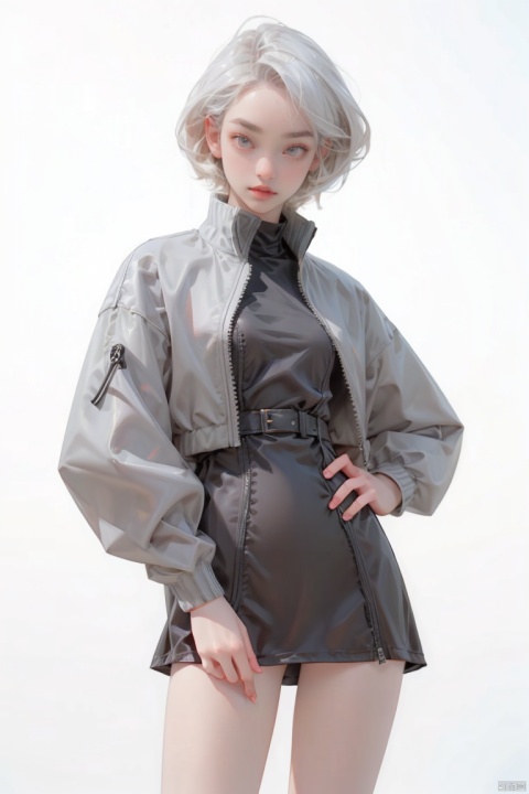 1girl, solo, breasts, looking at viewer, short hair, simple background, red eyes, long sleeves, white background, dress, jacket, grey hair, cowboy shot, parted lips, open clothes, black dress, open jacket, black jacket, thigh strap, short dress, cropped legs, zipper, cropped jacket