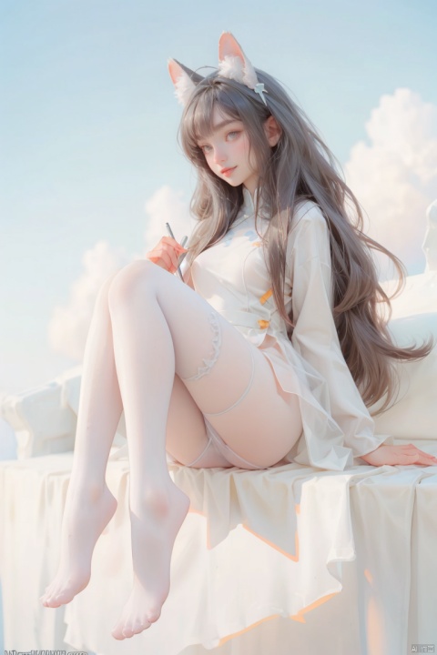 1girl, solo, long hair, breasts, looking at viewer, blush, smile, bangs, thighhighs, long sleeves, animal ears, sitting, very long hair, closed mouth, yellow eyes, white hair, thighs, outdoors, sky, day, cloud, nail polish, huge breasts, feet, white thighhighs, blue sky, animal ear fluff, legs, fox ears, toes, no shoes, chinese clothes, soles, foreshortening, china dress, red nails, foot focus