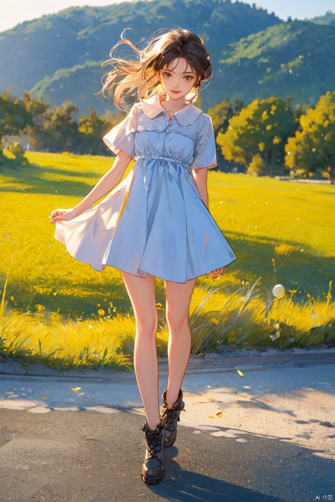  1girl, by 3meiji,amazing quality,photorealistic,detailed,beautiful color,beautiful,solo, long hair, breasts, looking at viewer, black hair, dress, standing, full body, short sleeves, lips, blue dress, shadow, short dress, white footwear, blue shirt, realistic, arms at sides