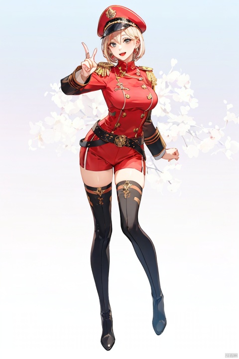  1girl, solo, breasts, looking at viewer, smile, short hair, open mouth, bangs, simple background, thighhighs, long sleeves, white background, jewelry, standing, full body, earrings, boots, shorts, belt, uniform, military, thigh boots, pointing, epaulettes, pointing at viewer