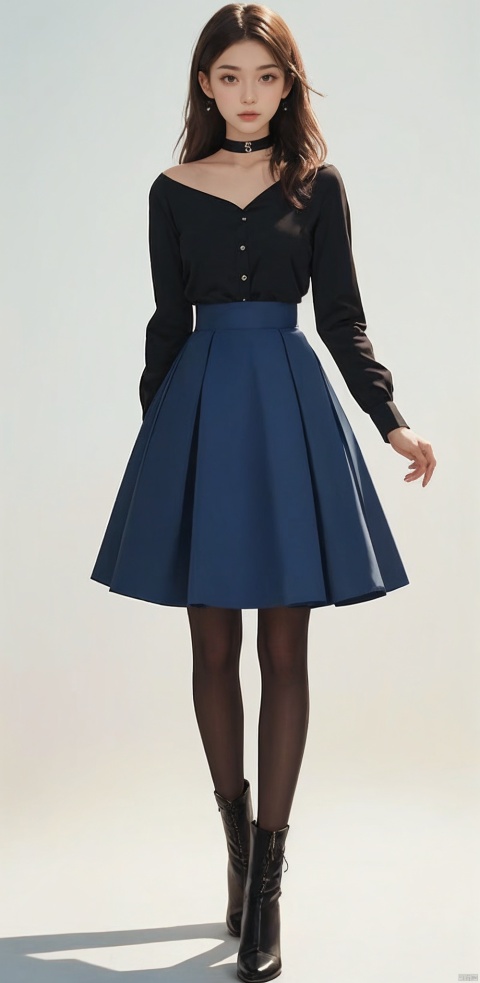  1girl, solo, long hair, breasts, looking at viewer, skirt, simple background, brown hair, shirt, long sleeves, white background, brown eyes, closed mouth, standing, full body, pantyhose, boots, choker, black skirt, black footwear, black choker, blue shirt, high-waist skirt, long skirt, brown pantyhose