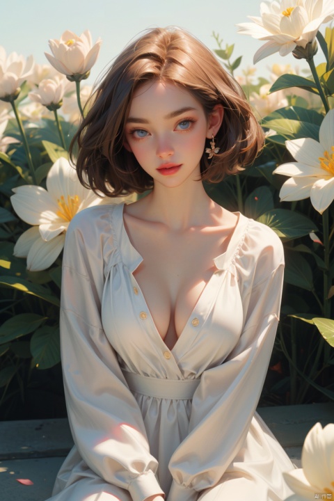 1girl, solo, portrait, breasts, looking at viewer, short hair, blue eyes, large breasts, brown hair, long sleeves, dress, cleavage, sitting, collarbone, flower, parted lips, lips, shirt, makeup, sunlight, plant, white flower, lipstick