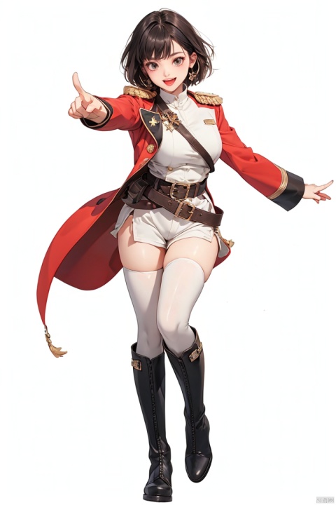  1girl, solo, breasts, looking at viewer, smile, short hair, open mouth, bangs, simple background, thighhighs, long sleeves, white background, jewelry, standing, full body, earrings, boots, shorts, belt, uniform, military, thigh boots, pointing, epaulettes, pointing at viewer