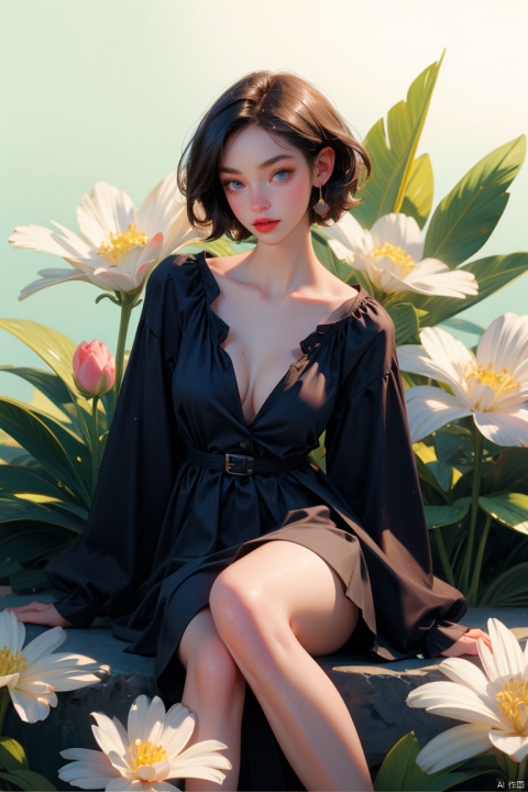 1girl, solo, breasts, looking at viewer, short hair, blue eyes, large breasts, black hair, long sleeves, dress, cleavage, sitting, collarbone, flower, parted lips, lips, black shirt, makeup, sunlight, plant, white flower, lipstick