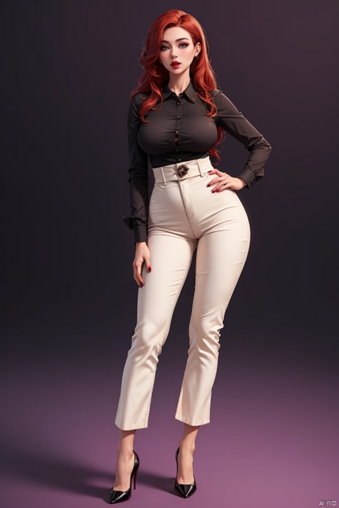  1girl, solo, long hair, breasts, looking at viewer, blue eyes, large breasts, simple background, shirt, long sleeves, standing, full body, red hair, pants, nail polish, black footwear, high heels, black shirt, makeup, lipstick, purple background, mature female, red lips, dachangtui